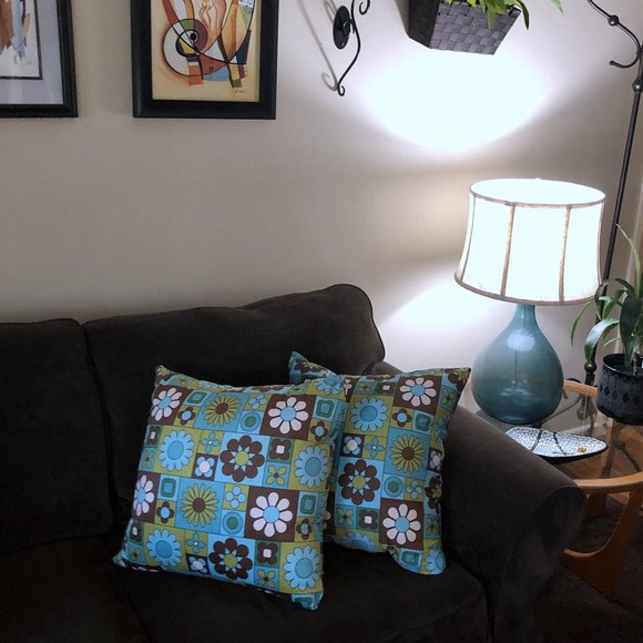 ✨ Vintage Retro Mod 1970s Blue Green Flower Power Floral Throw Pillow - Picture 6 of 8